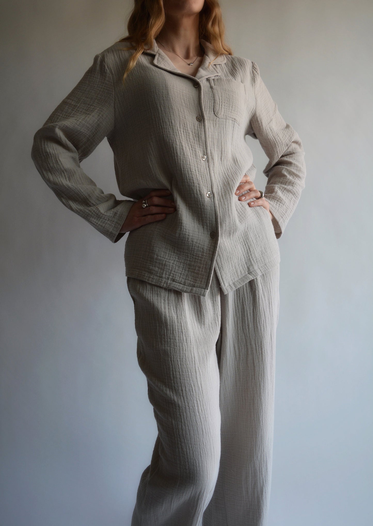 Cotton Muslin double gauze Sleepwear Set pajama set in beige color