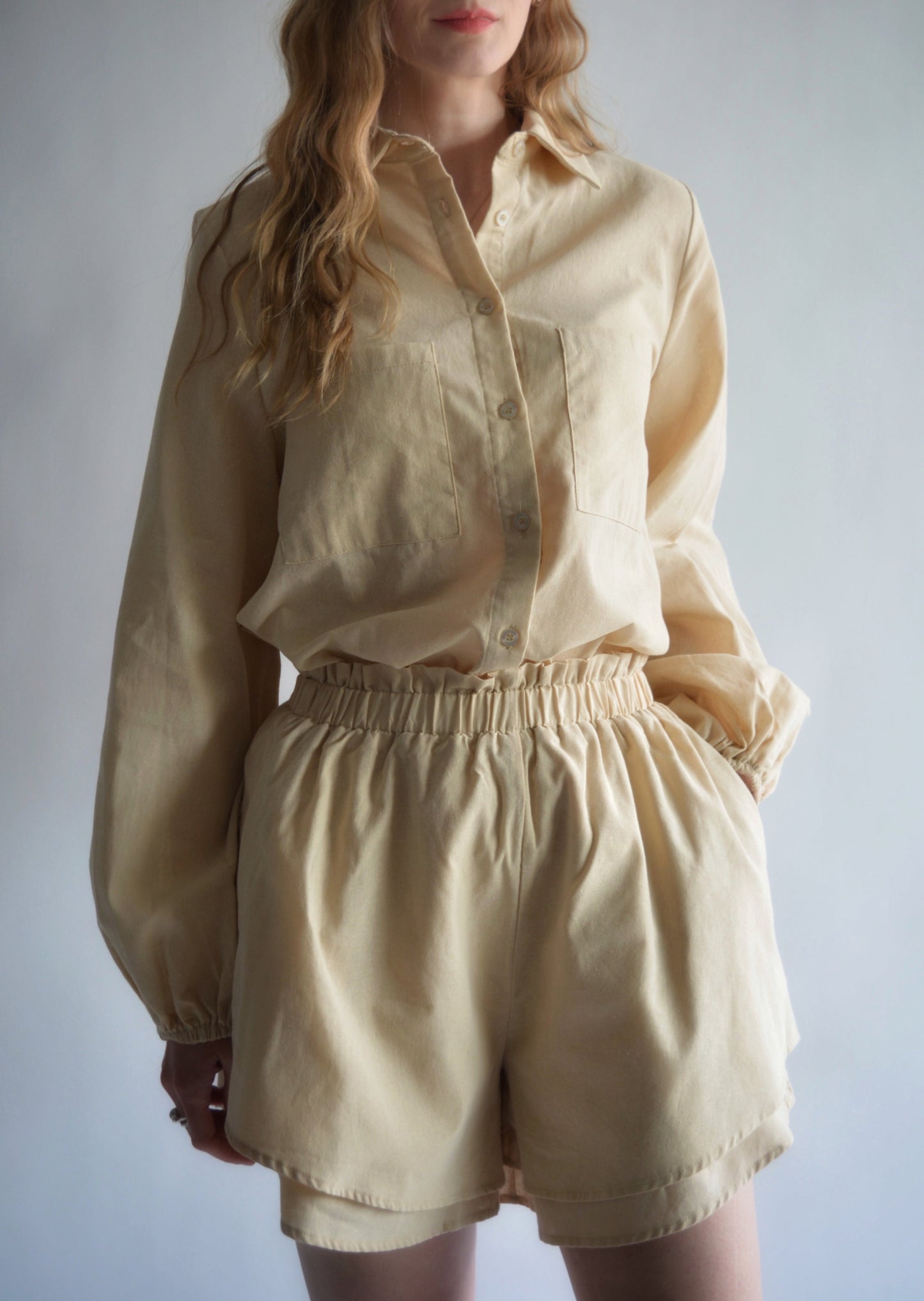 Two Piece Set - Cotton Blouse and Shorts in Beige color