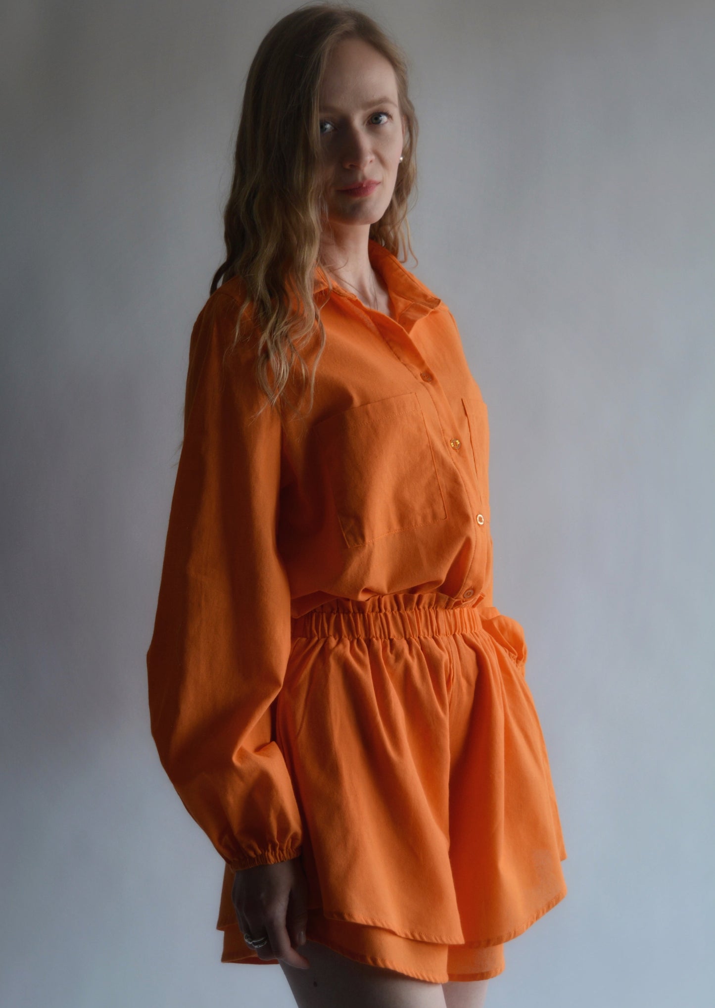 Two Piece Set - Cotton Blouse and Shorts in Tangerine color